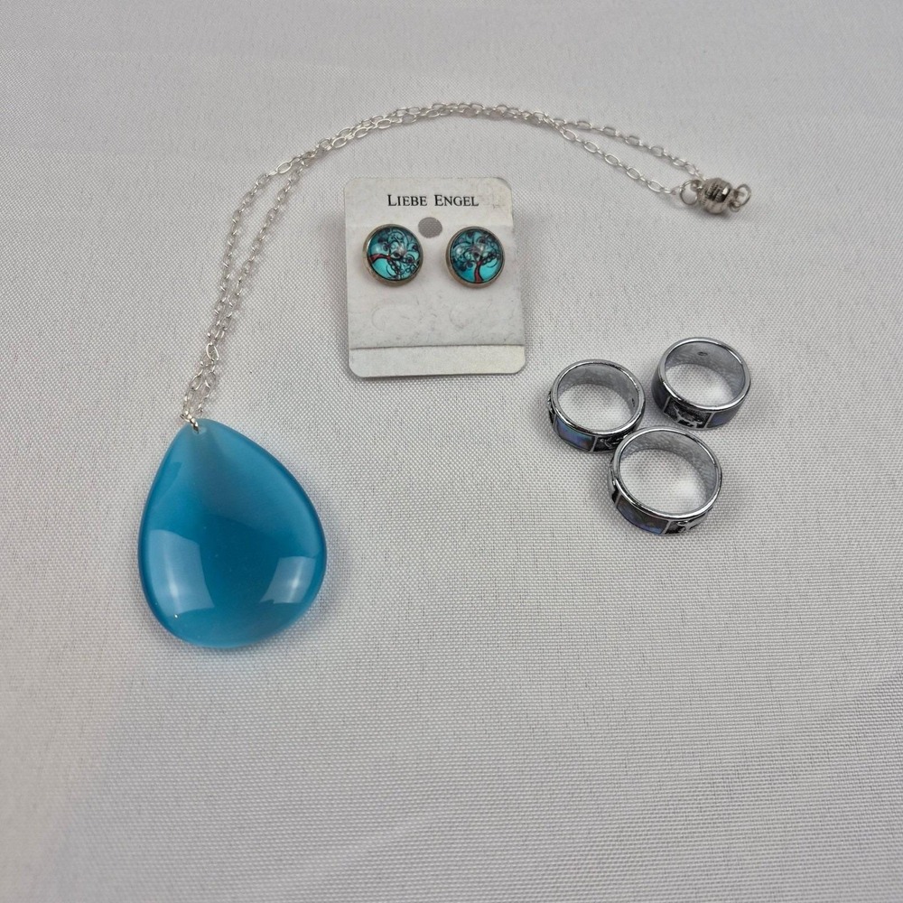 Blue Boho Jewelry Lot Necklace Earrings Rings Dolphin Bear Dog Animal Set‎ - Picture 3 of 16